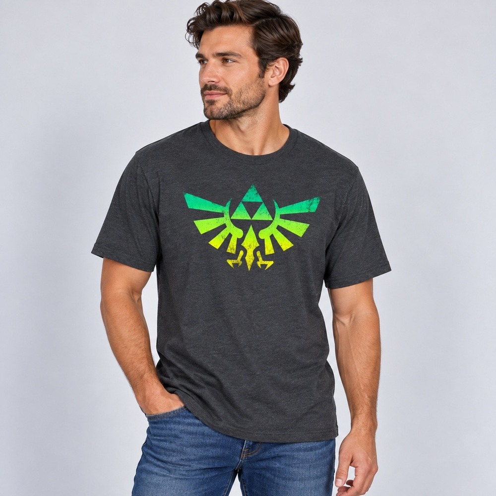 The Legend of Zelda Mens Large Charcoal Heather Green Gradient Triforce Tee